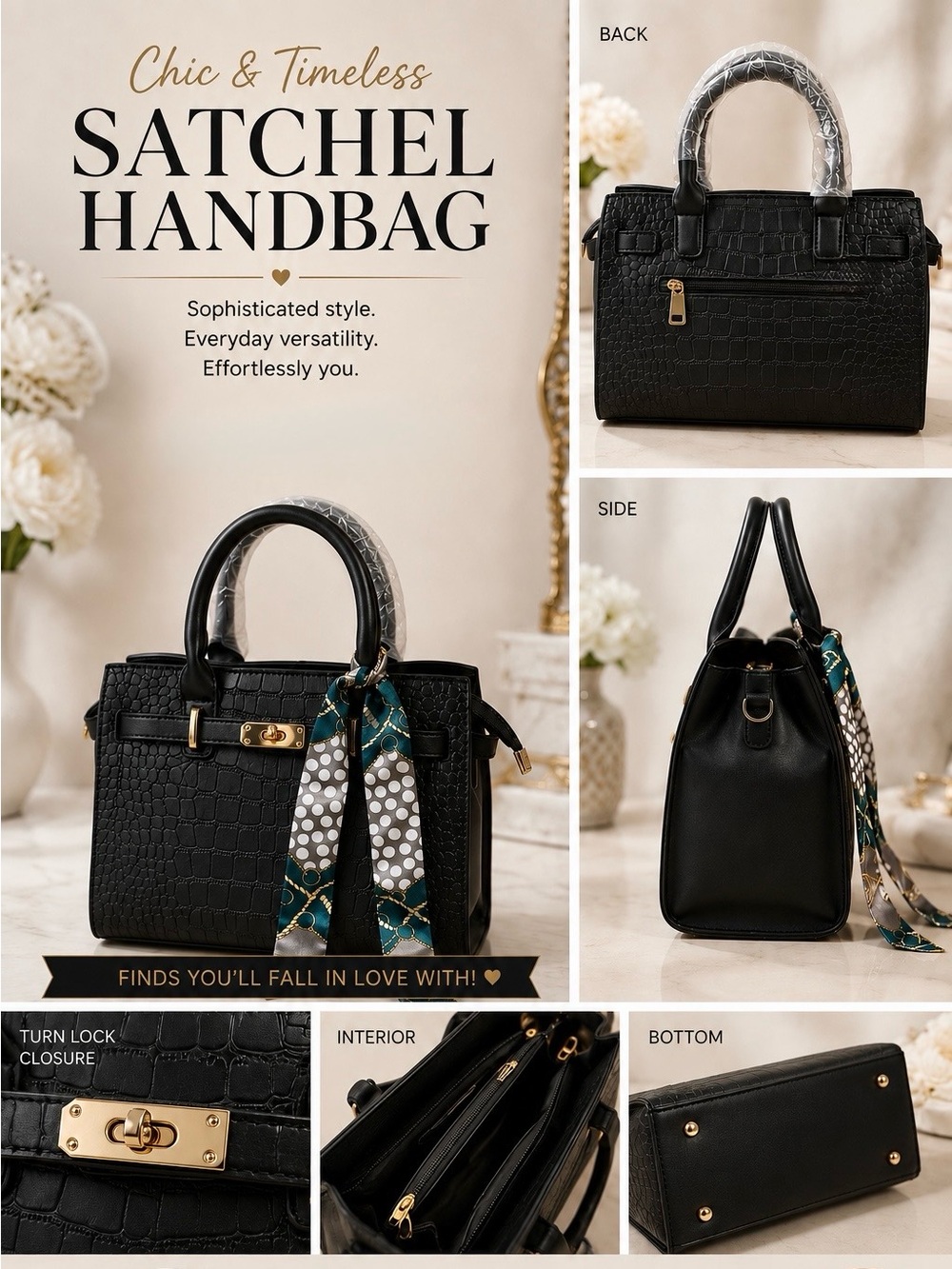 NWOT Black Croc-Embossed Top-Handle Bag with Scarf Accent